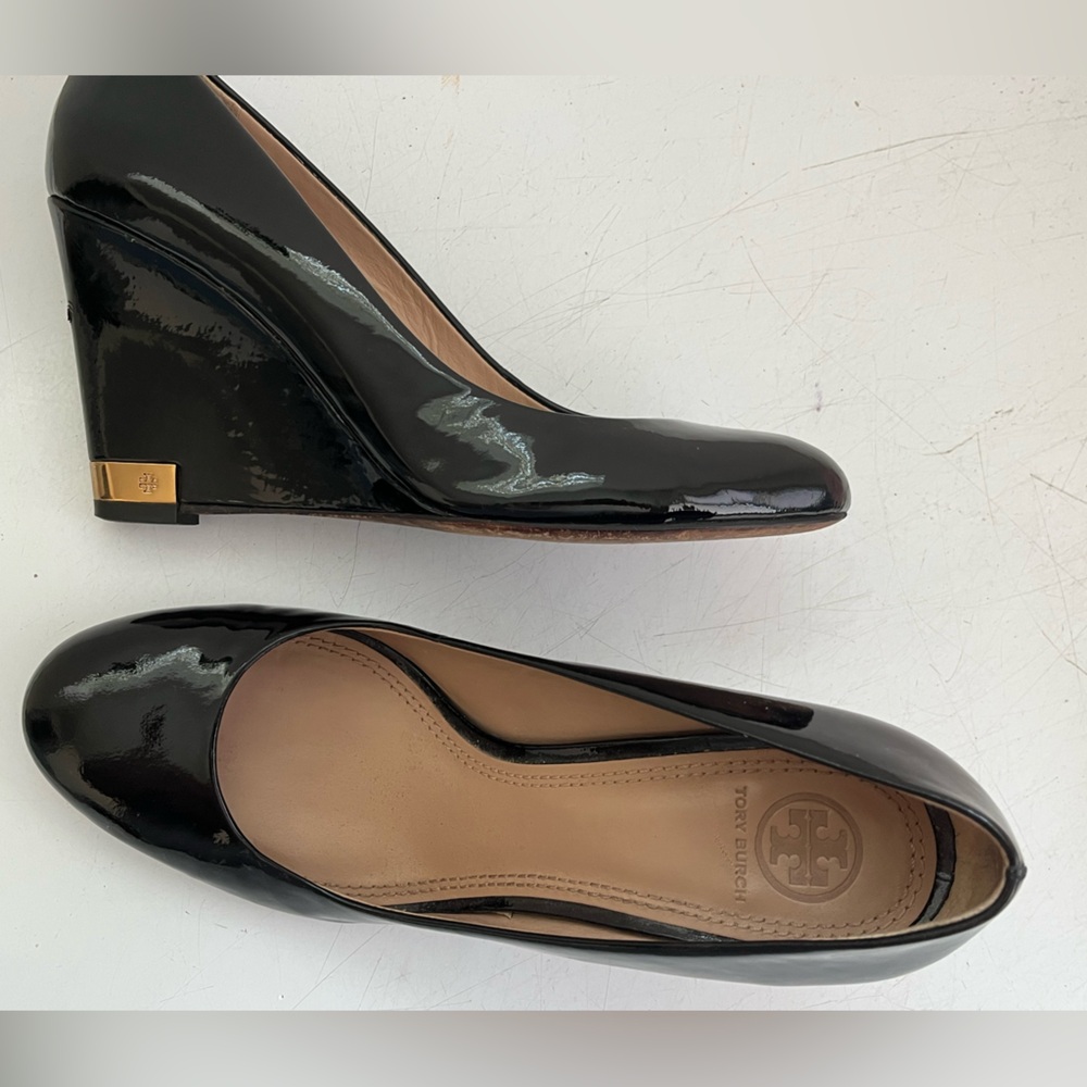 Tory Burch Glossy Black Wedge Heels
